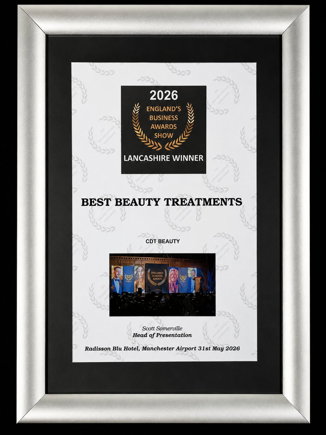 CDT Beauty Lancashire winner for Best Beauty Treatments at England's Business Awards Show 2026