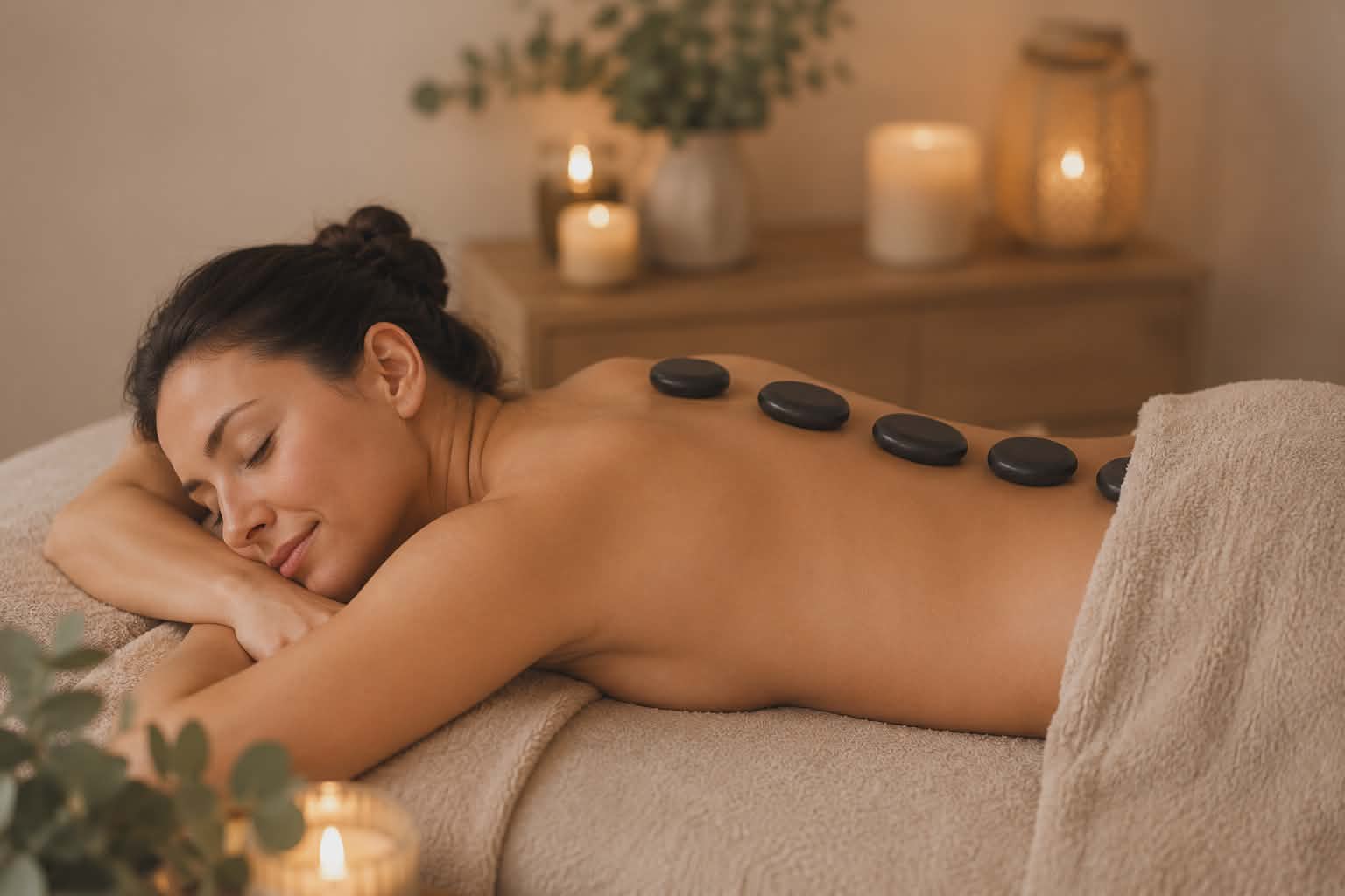 Hot stone massage treatment at CDT Beauty for beauty and wellbeing clients